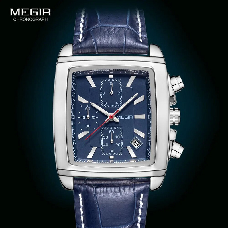 Megir Rectangle Dial Δερμάτινο ρολόι με λουράκι για άνδρες Casual μπλε ρολόγια χαλαζία χρονογράφου Ανδρικό ρολόι χειρός montre reloj часы мужские