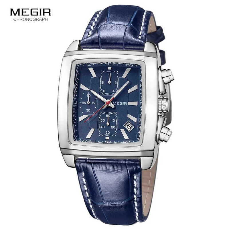 Megir Rectangle Dial Δερμάτινο ρολόι με λουράκι για άνδρες Casual μπλε ρολόγια χαλαζία χρονογράφου Ανδρικό ρολόι χειρός montre reloj часы мужские