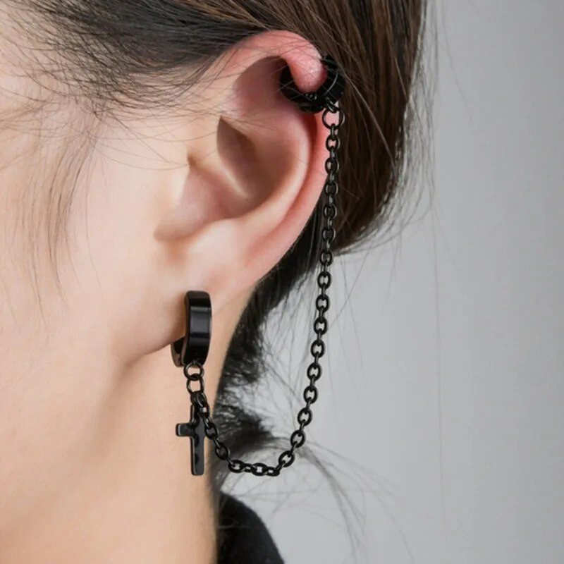 Cross Tassel Punk Σκουλαρίκια Γυναικεία Σκουλαρίκια με καρφιά με κλιπ Christian Gothic Hip Hop Κοσμήματα μεταλλική αλυσίδα Δαχτυλίδι αυτί Σκουλαρίκια ανδρικά