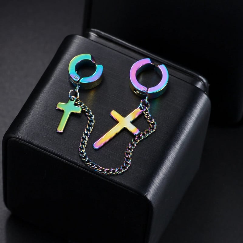 Cross Tassel Punk Σκουλαρίκια Γυναικεία Σκουλαρίκια με καρφιά με κλιπ Christian Gothic Hip Hop Κοσμήματα μεταλλική αλυσίδα Δαχτυλίδι αυτί Σκουλαρίκια ανδρικά