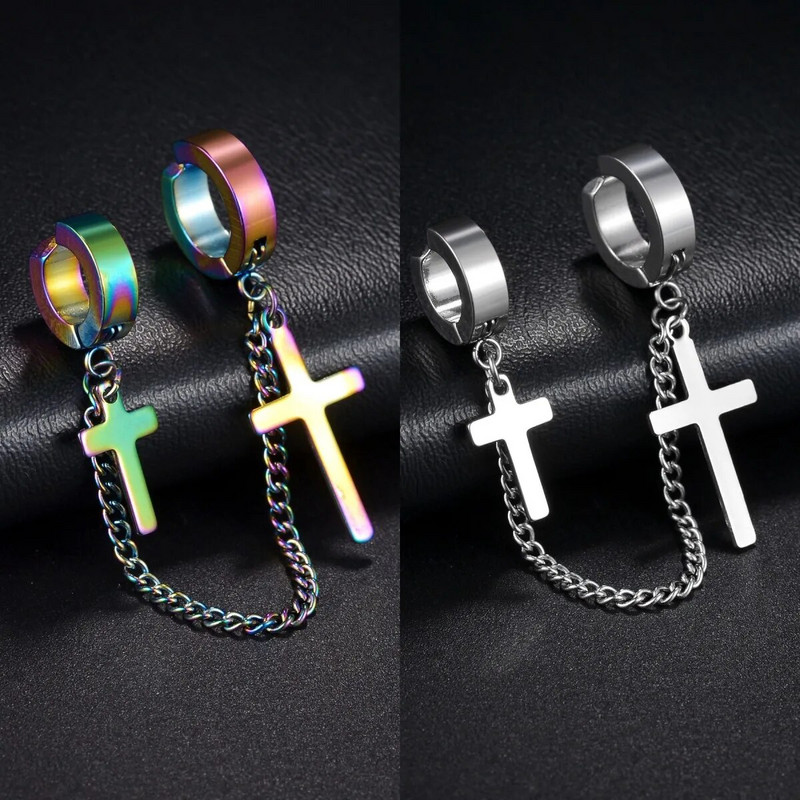 Cross Tassel Punk Σκουλαρίκια Γυναικεία Σκουλαρίκια με καρφιά με κλιπ Christian Gothic Hip Hop Κοσμήματα μεταλλική αλυσίδα Δαχτυλίδι αυτί Σκουλαρίκια ανδρικά