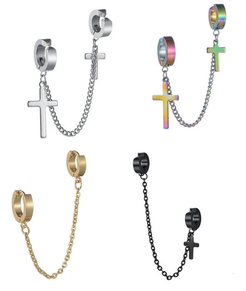Cross Tassel Punk Σκουλαρίκια Γυναικεία Σκουλαρίκια με καρφιά με κλιπ Christian Gothic Hip Hop Κοσμήματα μεταλλική αλυσίδα Δαχτυλίδι αυτί Σκουλαρίκια ανδρικά