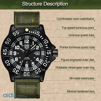 Ανδρικό ανδρικό αναλογικό ρολόι ADDIESDIVE Fashion 50m Αδιάβροχο φωτεινό σωλήνα Nylon Sports Ανδρικά στρατιωτικά ρολόγια χειρός Quartz ανδρικό