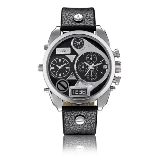 Ρολόι Ανδρικό πολυτελές δερμάτινο βραχιόλι Ανδρικά ρολόγια Daul Time Zones Ημερομηνία Στρατιωτικά ηλεκτρονικά ρολόγια Sports Relogio Masculino Erkek Cagarny