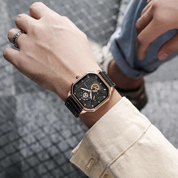 YIKAZE Алуминиеви мъжки кварцови часовници с кожена каишка с голям циферблат Студентски квадратен спортен часовник Готин черен мъжки часовник Водоустойчив ръчен часовник