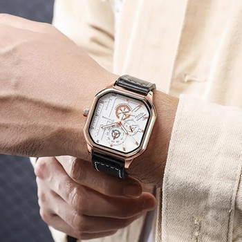 YIKAZE Алуминиеви мъжки кварцови часовници с кожена каишка с голям циферблат Студентски квадратен спортен часовник Готин черен мъжки часовник Водоустойчив ръчен часовник