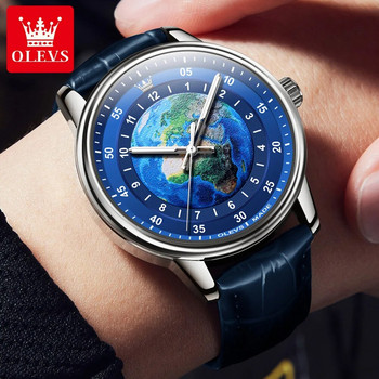 OLEVS Кварцов мъжки часовник Моден ежедневен кожена каишка Луксозна марка Earth Element Design Blue Planet Dial Водоустойчив мъжки часовник