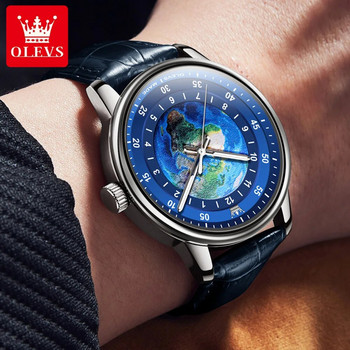 Ανδρικό ρολόι OLEVS Quartz Fashion Casual Δερμάτινο λουράκι Luxury brand Earth Element Design Blue Planet Dial Αδιάβροχο ανδρικό ρολόι