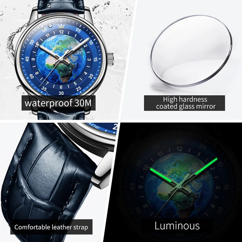 OLEVS kvartsist meeste käekell, moodne vabaaja nahast rihmaga luksuslik kaubamärk Earth Element Design Blue Planet sihverplaadiga veekindel meeste käekell