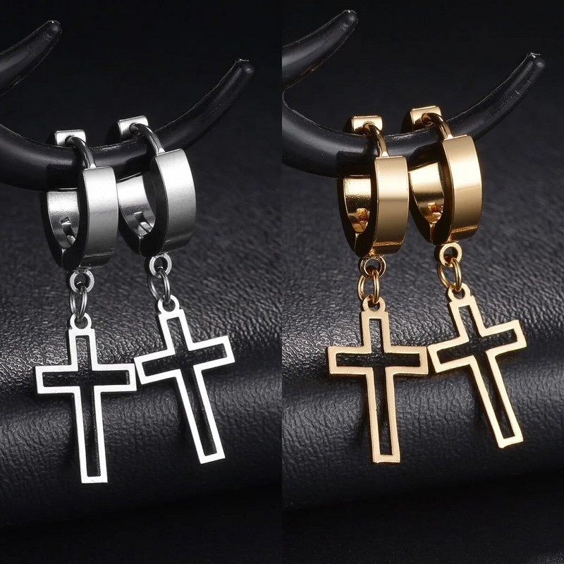 Υψηλής ποιότητας ανοξείδωτο ατσάλι Punk Fashion Silver Circle Στρογγυλά σκουλαρίκια Huggie Hollow Cross για άνδρες Γυναικεία κοσμήματα αυτιών Χονδρική