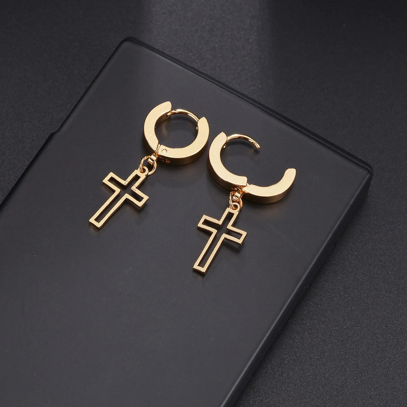 Υψηλής ποιότητας ανοξείδωτο ατσάλι Punk Fashion Silver Circle Στρογγυλά σκουλαρίκια Huggie Hollow Cross για άνδρες Γυναικεία κοσμήματα αυτιών Χονδρική
