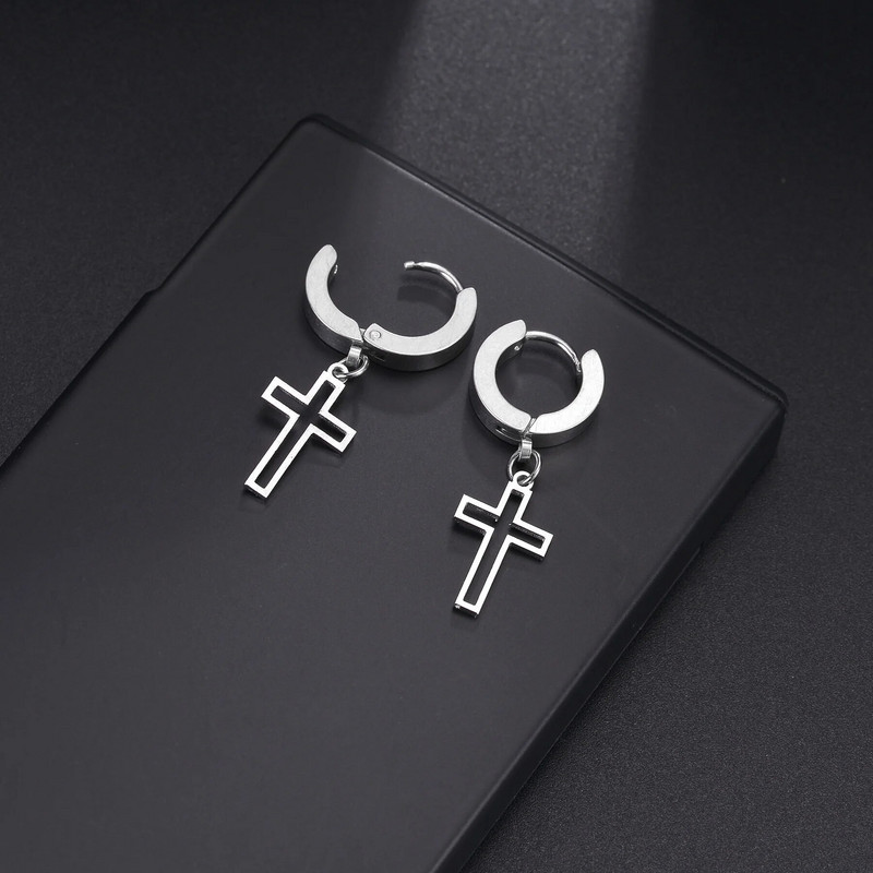 Υψηλής ποιότητας ανοξείδωτο ατσάλι Punk Fashion Silver Circle Στρογγυλά σκουλαρίκια Huggie Hollow Cross για άνδρες Γυναικεία κοσμήματα αυτιών Χονδρική