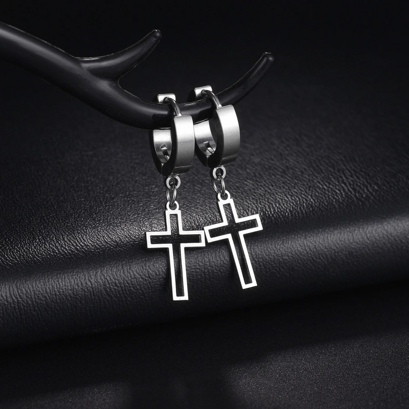 Υψηλής ποιότητας ανοξείδωτο ατσάλι Punk Fashion Silver Circle Στρογγυλά σκουλαρίκια Huggie Hollow Cross για άνδρες Γυναικεία κοσμήματα αυτιών Χονδρική