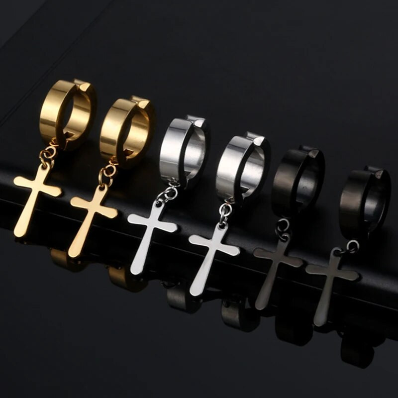 Srebrno zlatne crne križne viseće muške naušnice s klipsom bez piercinga Naušnice s prstenom od nehrđajućeg čelika za žene i muškarce