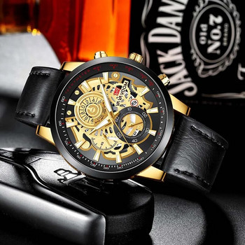 Μόδα χρυσό ανδρικό ρολόι Επωνυμία Luxury κούφιο καντράν Αδιάβροχα ανδρικά ρολόγια Sport Casual δερμάτινο ρολόι χαλαζία φωτεινό 2023