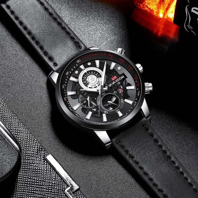 Moodne kuldne meeste käekell, luksuslik õõnsa sihverplaadi stiilis veekindel meeste käekell Sport vabaaja nahast kvartskell helendav 2023