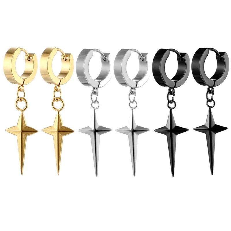 Punk 316L nerūdijančio plieno kryžius Star Dangle Drop auskarai juodi Kpop geometrija Huggie Hoop auskarai vyrams Moteriški papuošalai