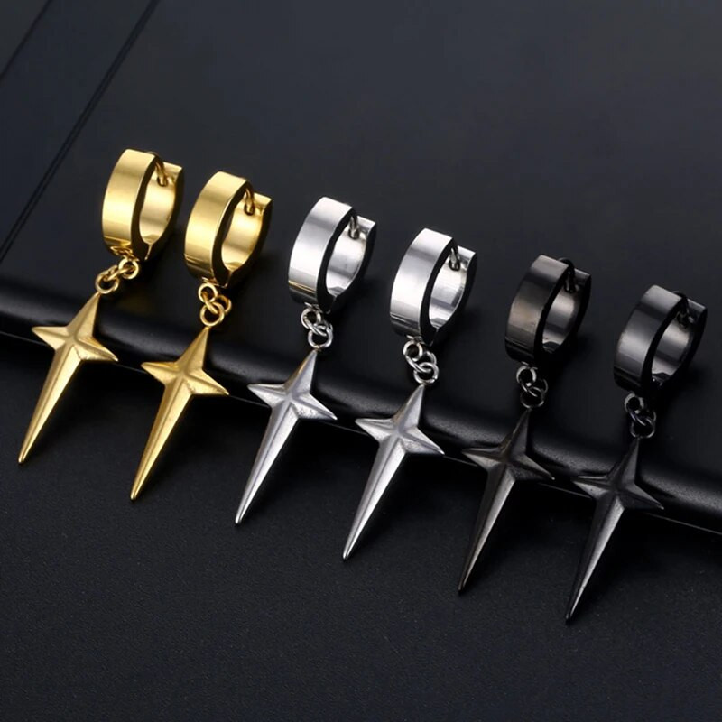 Punk 316L nerūdijančio plieno kryžius Star Dangle Drop auskarai juodi Kpop geometrija Huggie Hoop auskarai vyrams Moteriški papuošalai