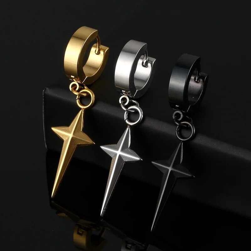 Punk 316L nerūdijančio plieno kryžius Star Dangle Drop auskarai juodi Kpop geometrija Huggie Hoop auskarai vyrams Moteriški papuošalai