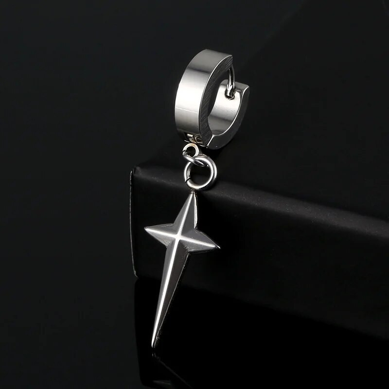Punk 316L nerūdijančio plieno kryžius Star Dangle Drop auskarai juodi Kpop geometrija Huggie Hoop auskarai vyrams Moteriški papuošalai