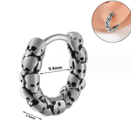 Sidabruoti gotikiniai visos kaukolės auskarai Hipoalergiški auskarai su žiedais vyrams Moterų Hip Hop Rokas Punk Helovino vakarėlio papuošalai