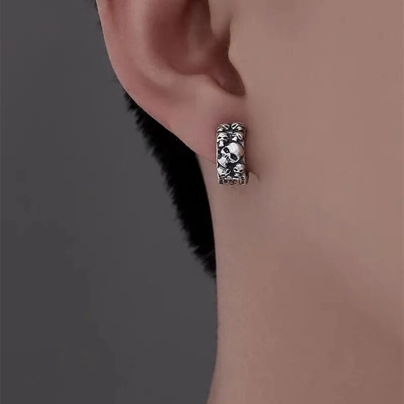 Sidabruoti gotikiniai visos kaukolės auskarai Hipoalergiški auskarai su žiedais vyrams Moterų Hip Hop Rokas Punk Helovino vakarėlio papuošalai