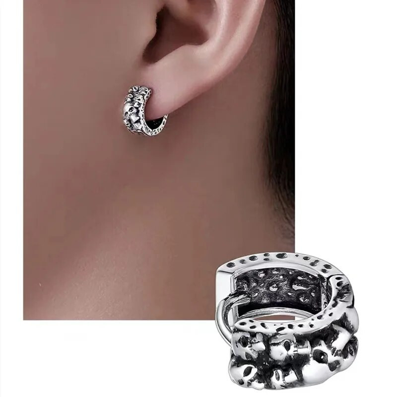 Sidabruoti gotikiniai visos kaukolės auskarai Hipoalergiški auskarai su žiedais vyrams Moterų Hip Hop Rokas Punk Helovino vakarėlio papuošalai