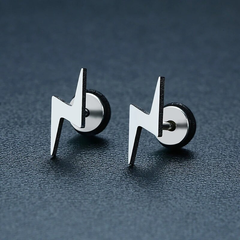 Vnox Cool muške naušnice s nitnama u obliku munje i crni dodatak od nehrđajućeg čelika