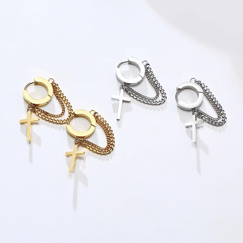 Vnox Minimalist Cross Dangle σκουλαρίκια για άντρες, Ανοξείδωτος κύκλος με κρίκο από ανοξείδωτο ατσάλι με αλυσίδες συνδέσμου, κοσμήματα Rock Hip Hop Ear