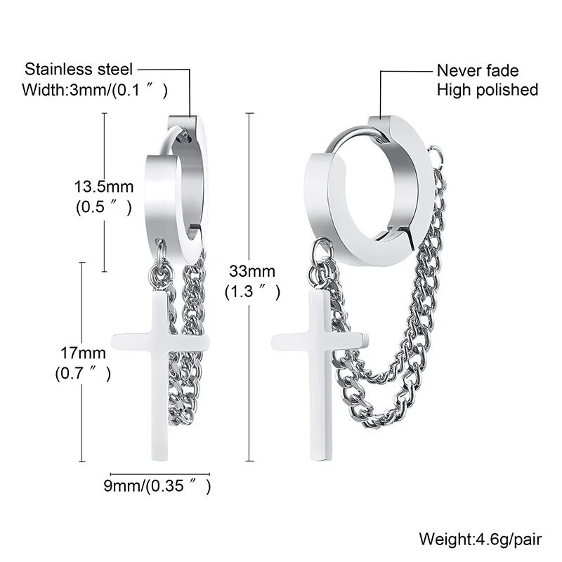 Vnox Minimalist Cross Dangle σκουλαρίκια για άντρες, Ανοξείδωτος κύκλος με κρίκο από ανοξείδωτο ατσάλι με αλυσίδες συνδέσμου, κοσμήματα Rock Hip Hop Ear