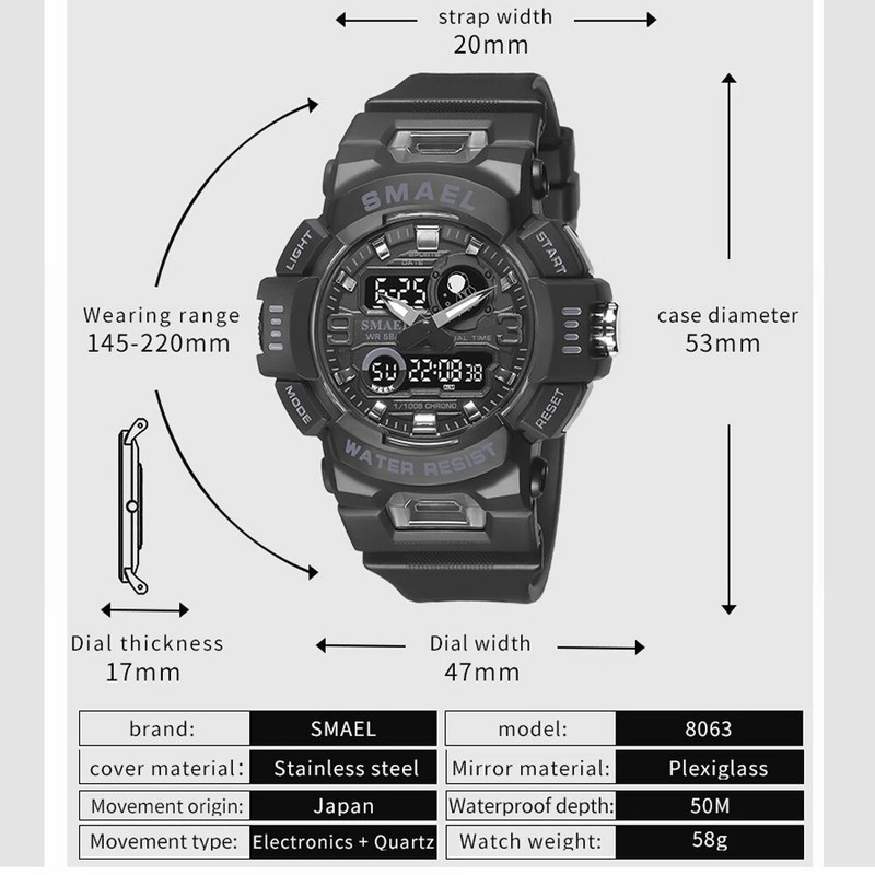 Sat marke SMAEL Muški dvostruki LED zaslon Digitalni analogni ručni satovi Štoperica za mlade Sportski elektronički kvarcni vodootporni muški sat