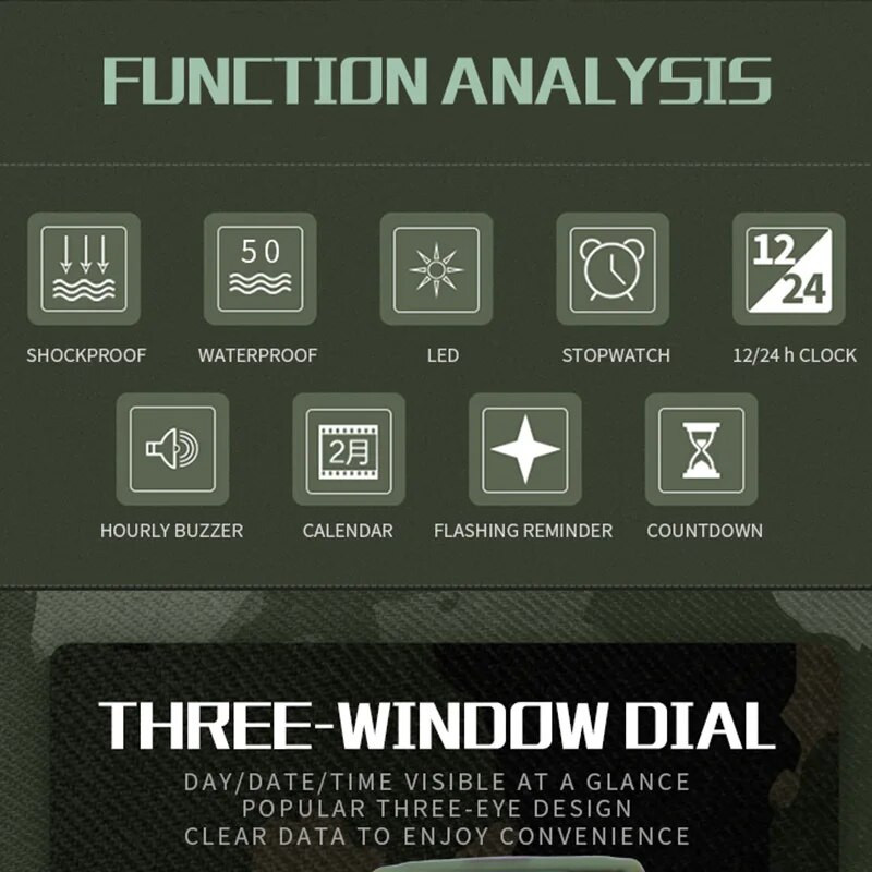 Prabangus vyriškas LED skaitmeninis laikrodis karinis sportinis kvarcinis laikrodis su dviem ekranais lauko vandeniui atsparus šviečiantis elektroninis rankinis laikrodis 1606P