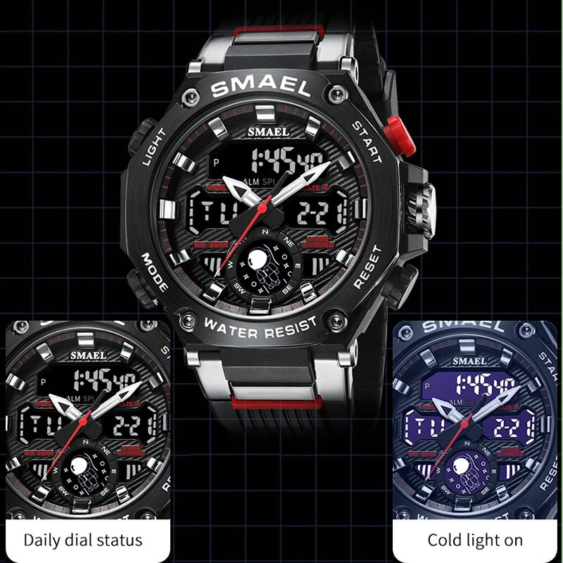 SMAEL elektroninis skaitmeninis laikrodis vyrams Madingas Chronografinis kvarcinis rankinis laikrodis Vyriškas automatinis datos savaitės žadintuvas LED dvigubas laikas 8069