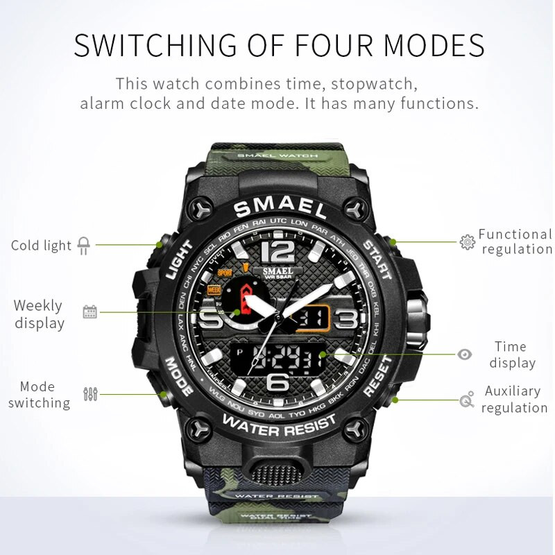 SMAEL brändi meeste spordikellad kahe ekraaniga analoog digitaalne käekell meestele veekindel sõjaväe LED elektrooniline kvartskell