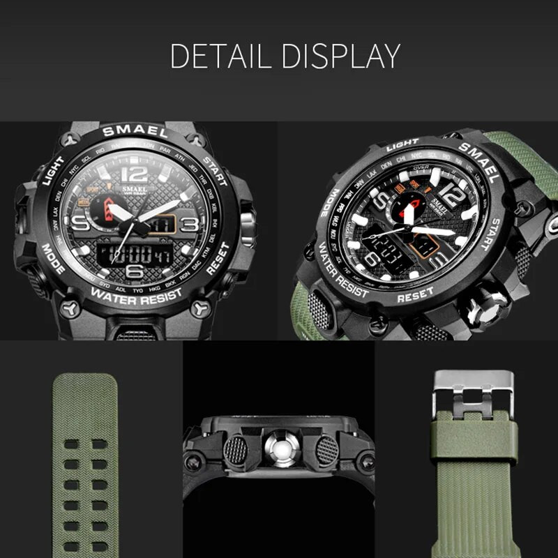 Vyriškas laikrodis sportinis SMAEL laikrodis vyrams Originalus dvigubo laiko ekranas LED apšvietimas elektroninis chronometras 1545 Populiarūs laikrodžiai Dropship