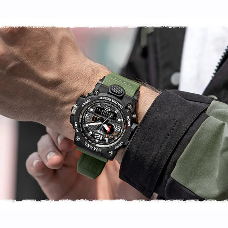 Vyriškas laikrodis sportinis SMAEL laikrodis vyrams Originalus dvigubo laiko ekranas LED apšvietimas elektroninis chronometras 1545 Populiarūs laikrodžiai Dropship