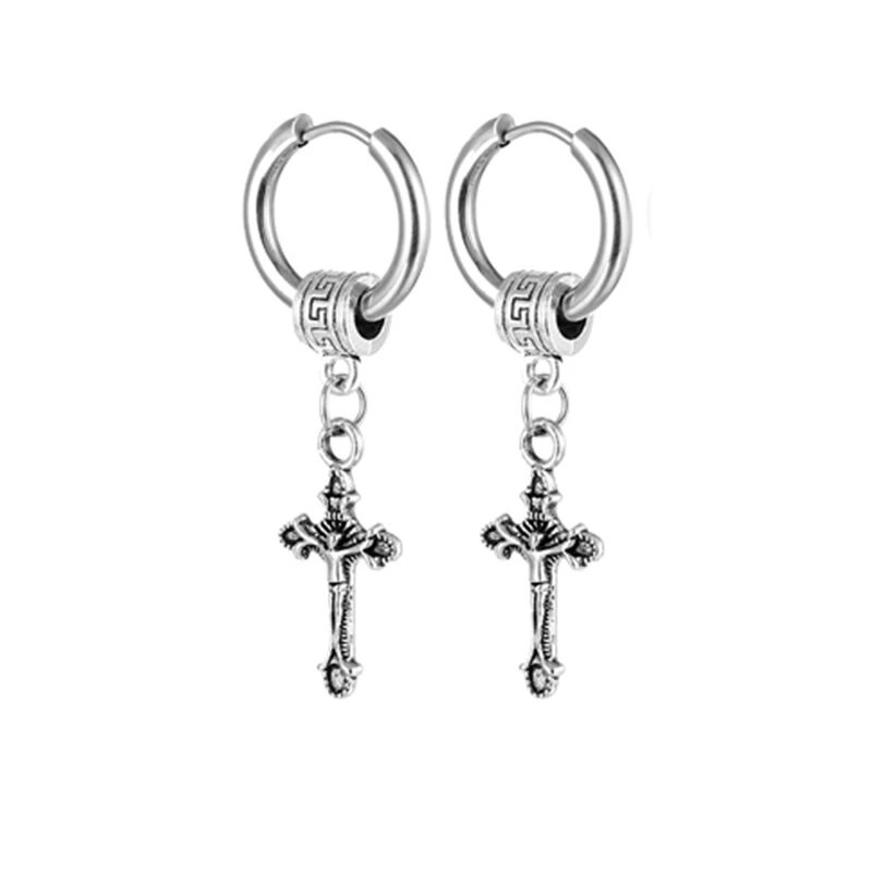 Nerūdijančio plieno žiediniai kryžiaus auskarai Vintažiniai kryžiaus auskarai vyrams, moterims