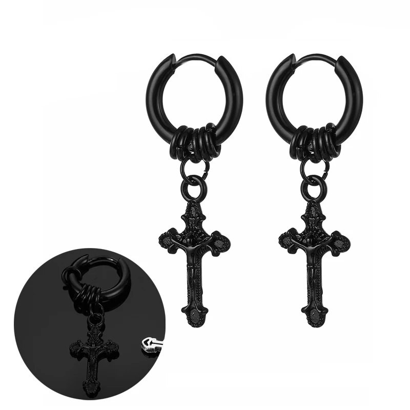 Nerūdijančio plieno žiediniai kryžiaus auskarai Vintažiniai kryžiaus auskarai vyrams, moterims