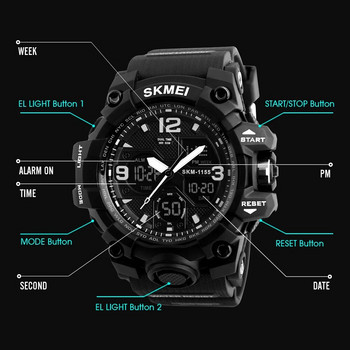 SKMEI 2 Time Мъжки часовник Мъжки електронни спортни часовници Хронометър Задна светлина Аларма Водоустойчив кварцов часовник reloj hombre 1155B