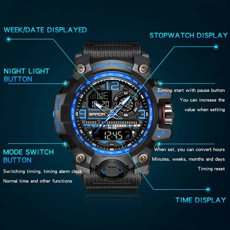 Muški vojni sportski ručni sat Vodootporni dvostruki analogni digitalni LED elektronički kvarcni satovi Muškarci Podrška Dropshipping