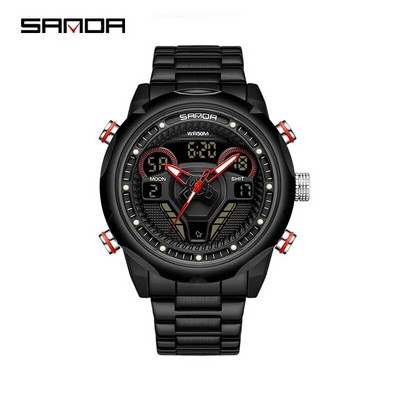 SANDA meeste sõjalised kahe ekraaniga kvartskäekellad, multifunktsionaalne silikoonrihm spordi LED elektrooniline veekindel kell