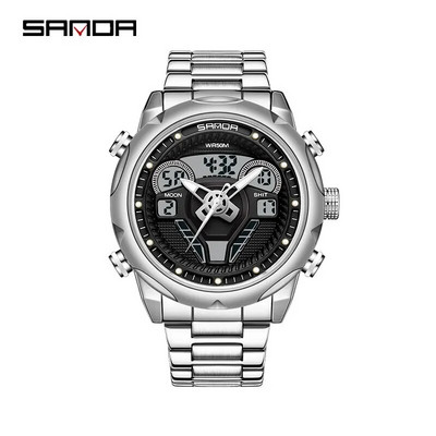 SANDA meeste sõjalised kahe ekraaniga kvartskäekellad, multifunktsionaalne silikoonrihm spordi LED elektrooniline veekindel kell