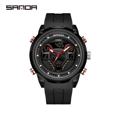 SANDA meeste sõjalised kahe ekraaniga kvartskäekellad, multifunktsionaalne silikoonrihm spordi LED elektrooniline veekindel kell