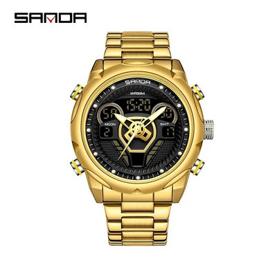 SANDA meeste sõjalised kahe ekraaniga kvartskäekellad, multifunktsionaalne silikoonrihm spordi LED elektrooniline veekindel kell