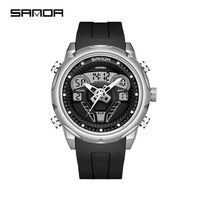 SANDA meeste sõjalised kahe ekraaniga kvartskäekellad, multifunktsionaalne silikoonrihm spordi LED elektrooniline veekindel kell