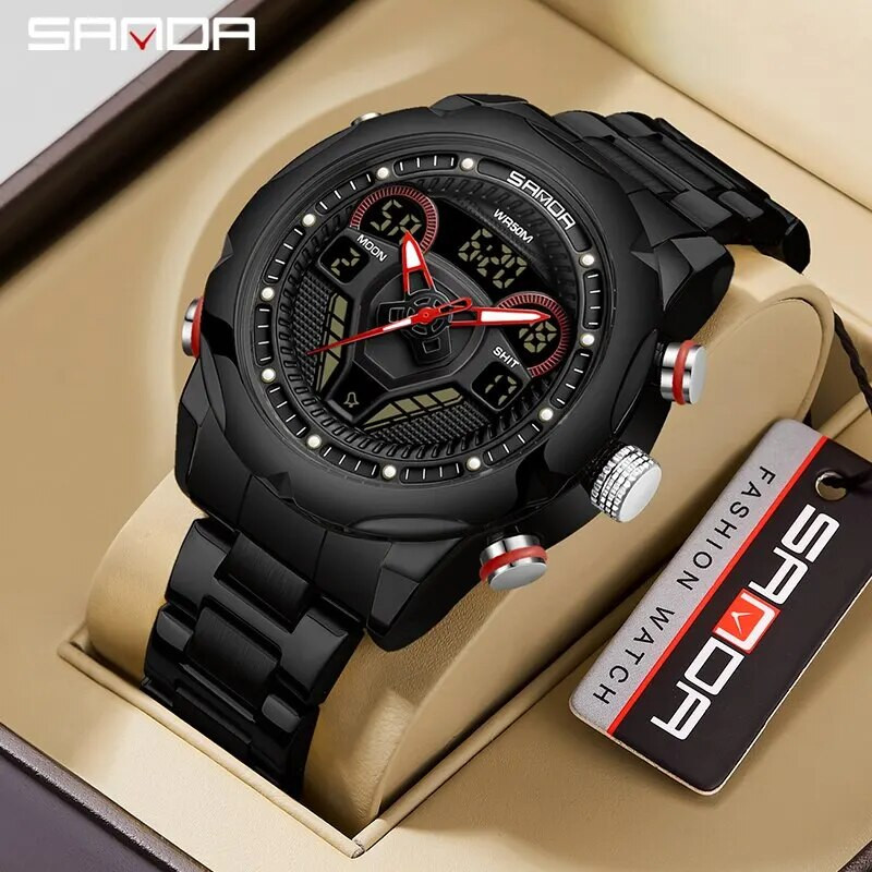 SANDA meeste sõjalised kahe ekraaniga kvartskäekellad, multifunktsionaalne silikoonrihm spordi LED elektrooniline veekindel kell