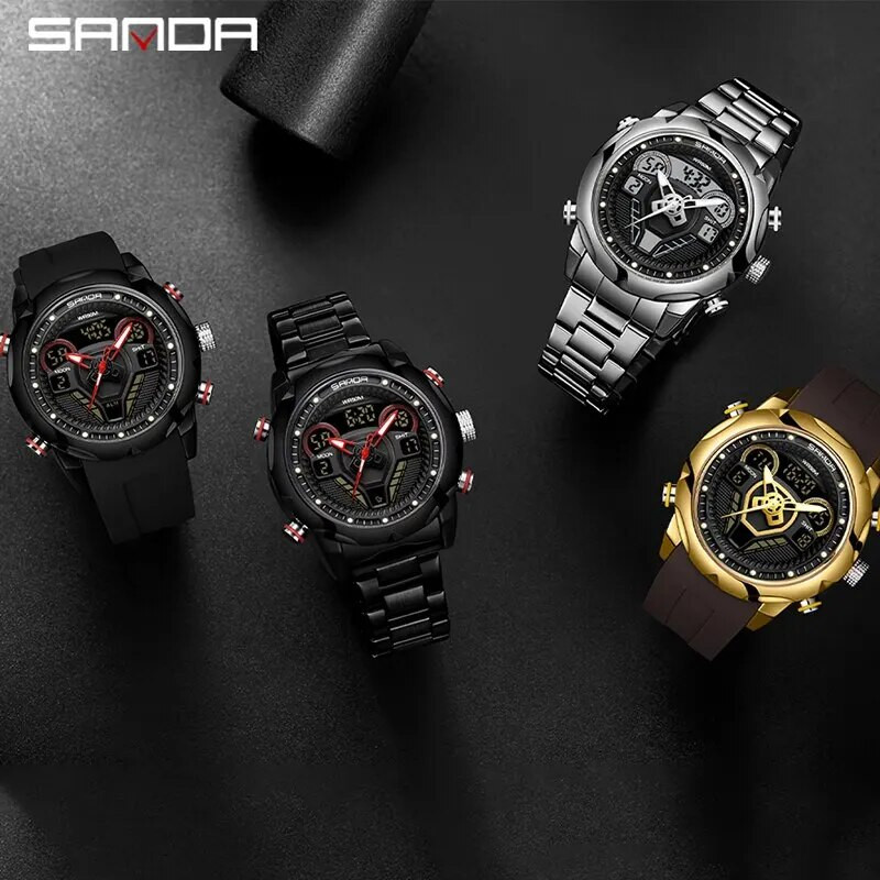 SANDA meeste sõjalised kahe ekraaniga kvartskäekellad, multifunktsionaalne silikoonrihm spordi LED elektrooniline veekindel kell