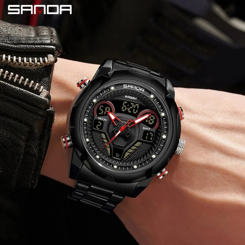 SANDA meeste sõjalised kahe ekraaniga kvartskäekellad, multifunktsionaalne silikoonrihm spordi LED elektrooniline veekindel kell