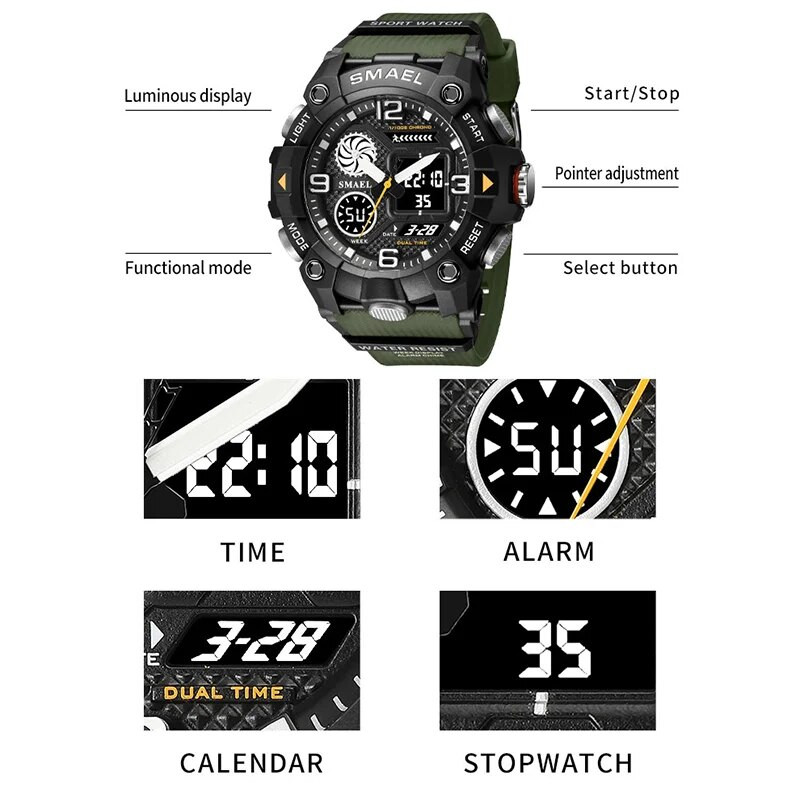 SMAEL Quartz Ανδρικά Ρολόγια Water Resiatance 50 M Sport Wist Ρολόγια Ανδρικά Μόδα Ανδρικό Ηλεκτρονικό Ρολόι Χρονόμετρο Luminous 8055