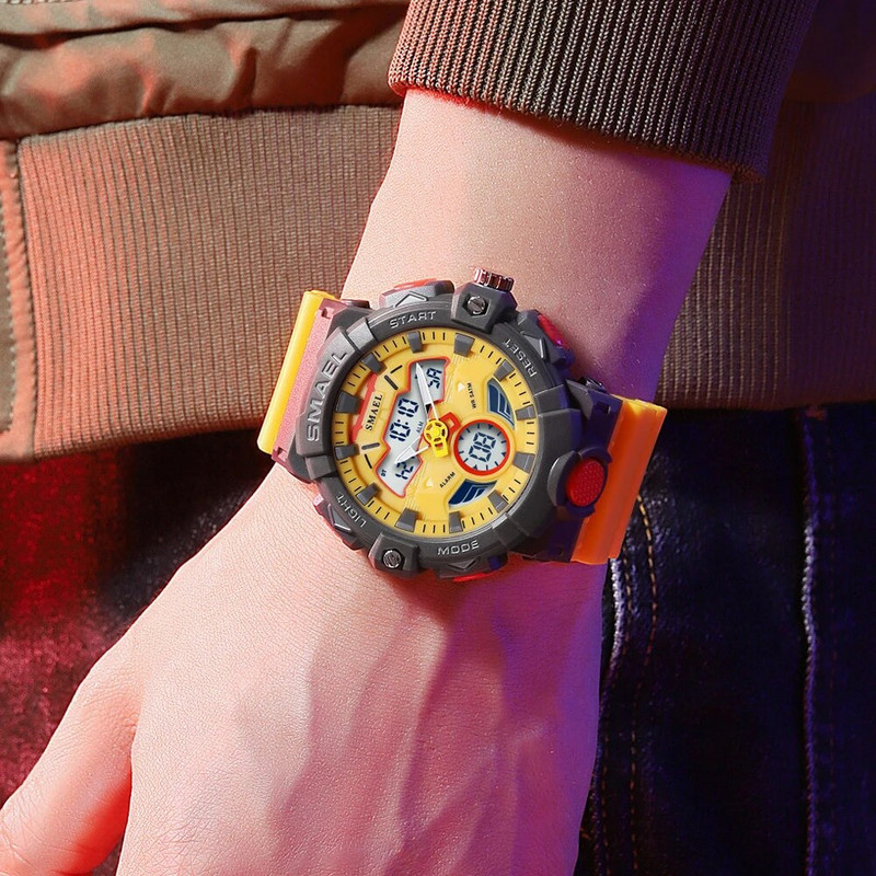 SMAEL skaitmeniniai kvarciniai laikrodžiai vyrams Madingi sportiniai chronometrai Studentų kasdienis elektroninis galinis apšvietimas, dvigubas ekranas, rankinio laikrodžio signalizacija